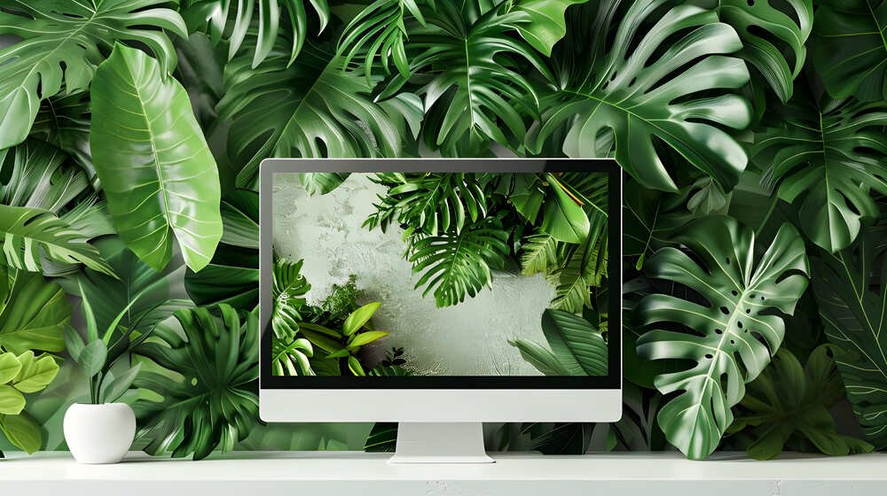 Biophilic Web Design: Bringing Nature-Inspired Aesthetics into the Digital Space 2 Monitor with plants in the background